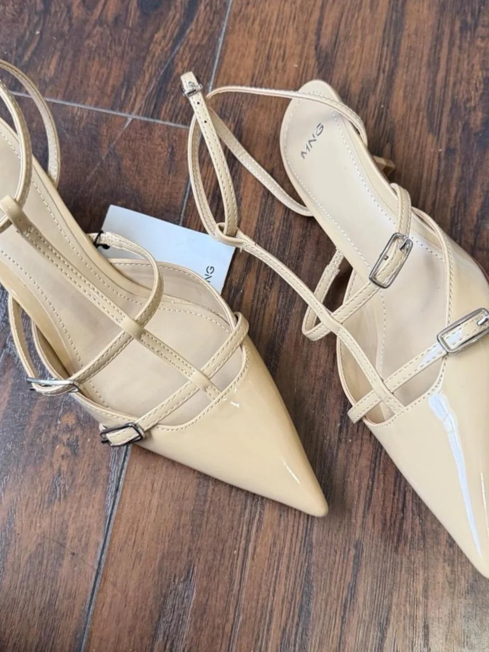 NWT Mango Nude Beige Leather Kitten Pointed Toe Ankle Strap Buckles Heels Pumps